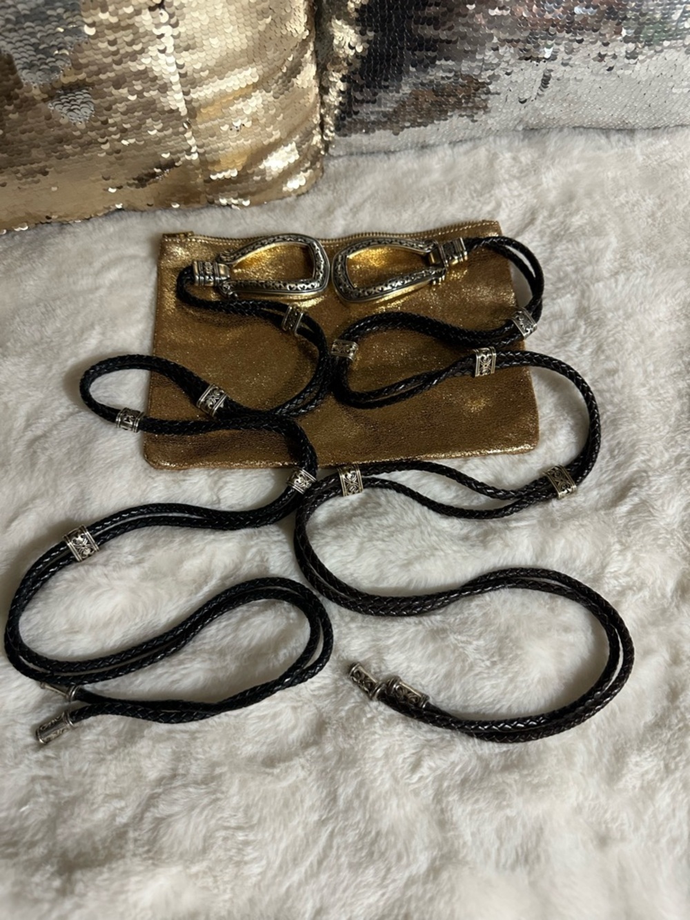 Brighton Black  and Brown Braided Leather Multi-Strand Beltswith Silver Hardware